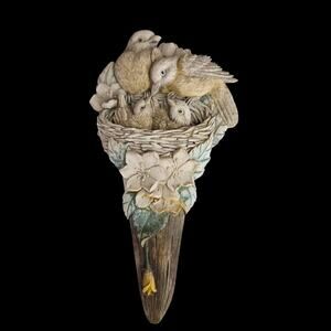 Vintage Bird Nest Wall Pocket Planter Relief Birds Nestlings Floral Decorecor